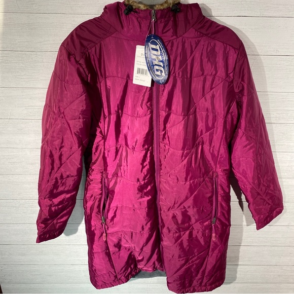 DHG Dutch Harbor Gear puffer coat jacket faux fur hood, mid length, Large, pink - Picture 4 of 14
